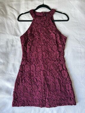 Lulu's Eggplant Purple Floral Lace Halter Mini Dress